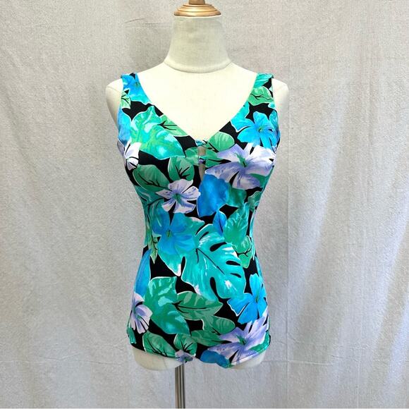 Maxine of Hollywood vintage 60s tropical flora one piece pin-up swimsuit size 12 - Picture 1 of 16